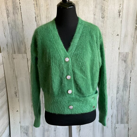 ela Women's Size Medium Fluffy Cardigan Sweater Green Snap Waist - Picture 1 of 6